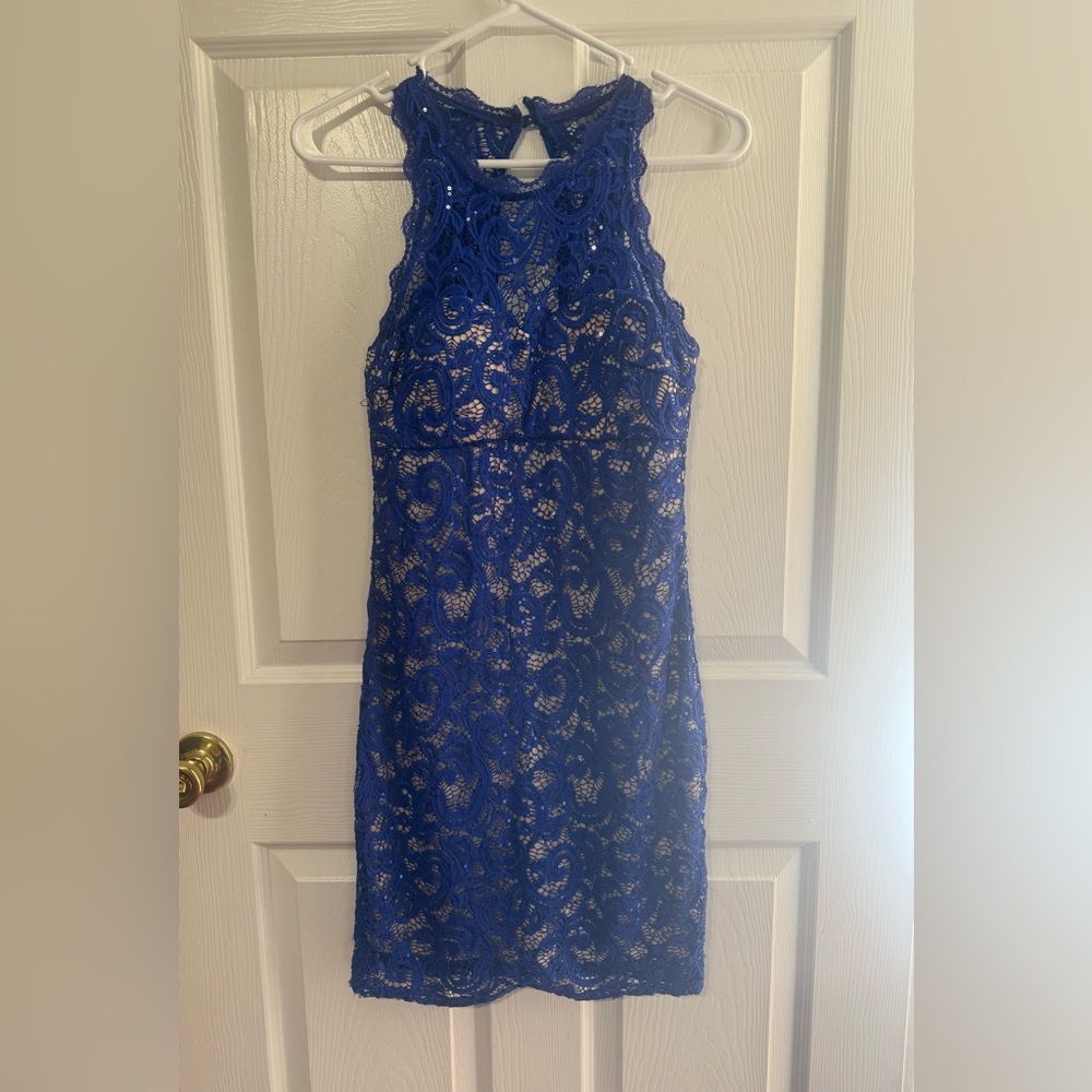 Blue Lace Sleeveless Dress with tan slip